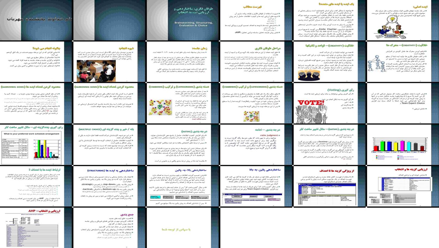 دانلود پاورپوینت راهنمای جامع طوفان فکری تکنیک‌ها، ارزیابی ایده‌ها و ساختاردهی با AHP برای