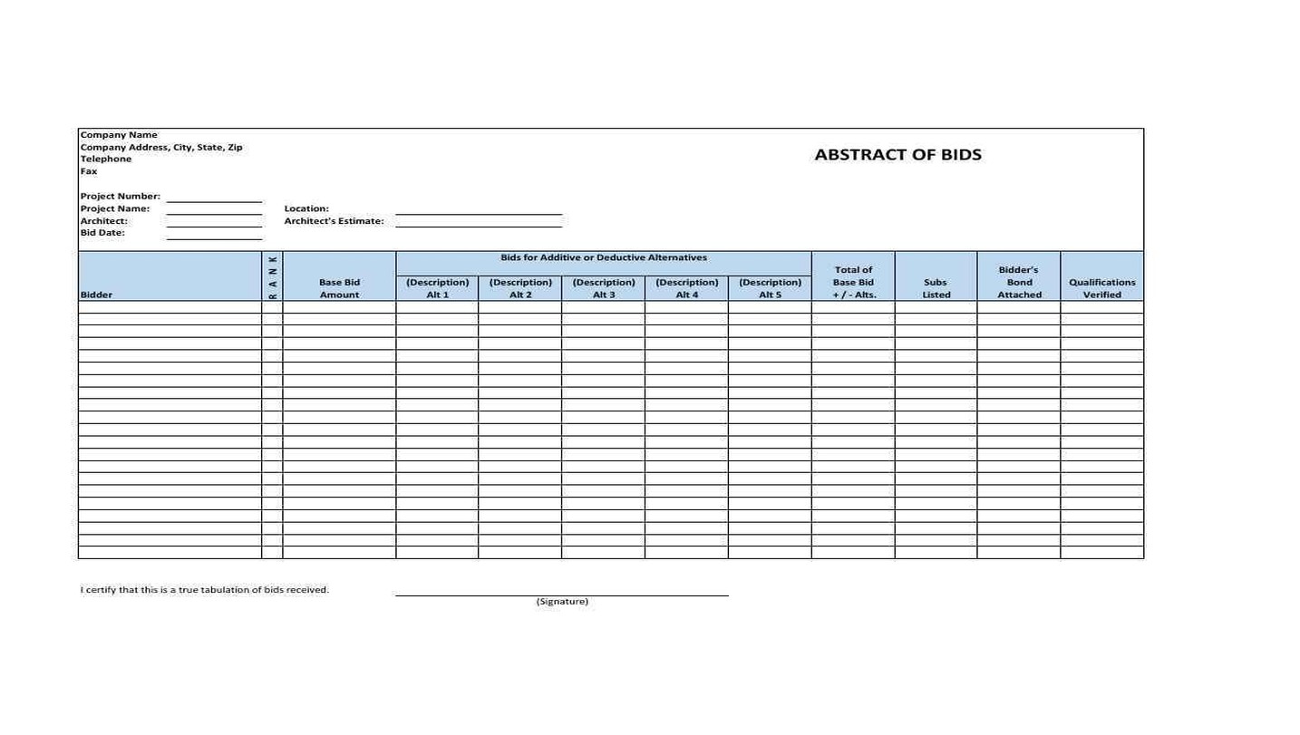 فایل اکسل جدول مقایسه و تحلیل پیشنهادات مناقصه (Bid Tabulation)