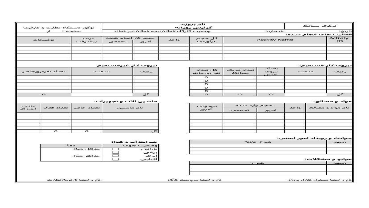 فایل اکسل گزارش روزانه پروژه مدیریت پیشرفت منابع و ایمنی